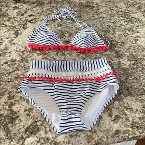 White and navy blue high waisted bikini